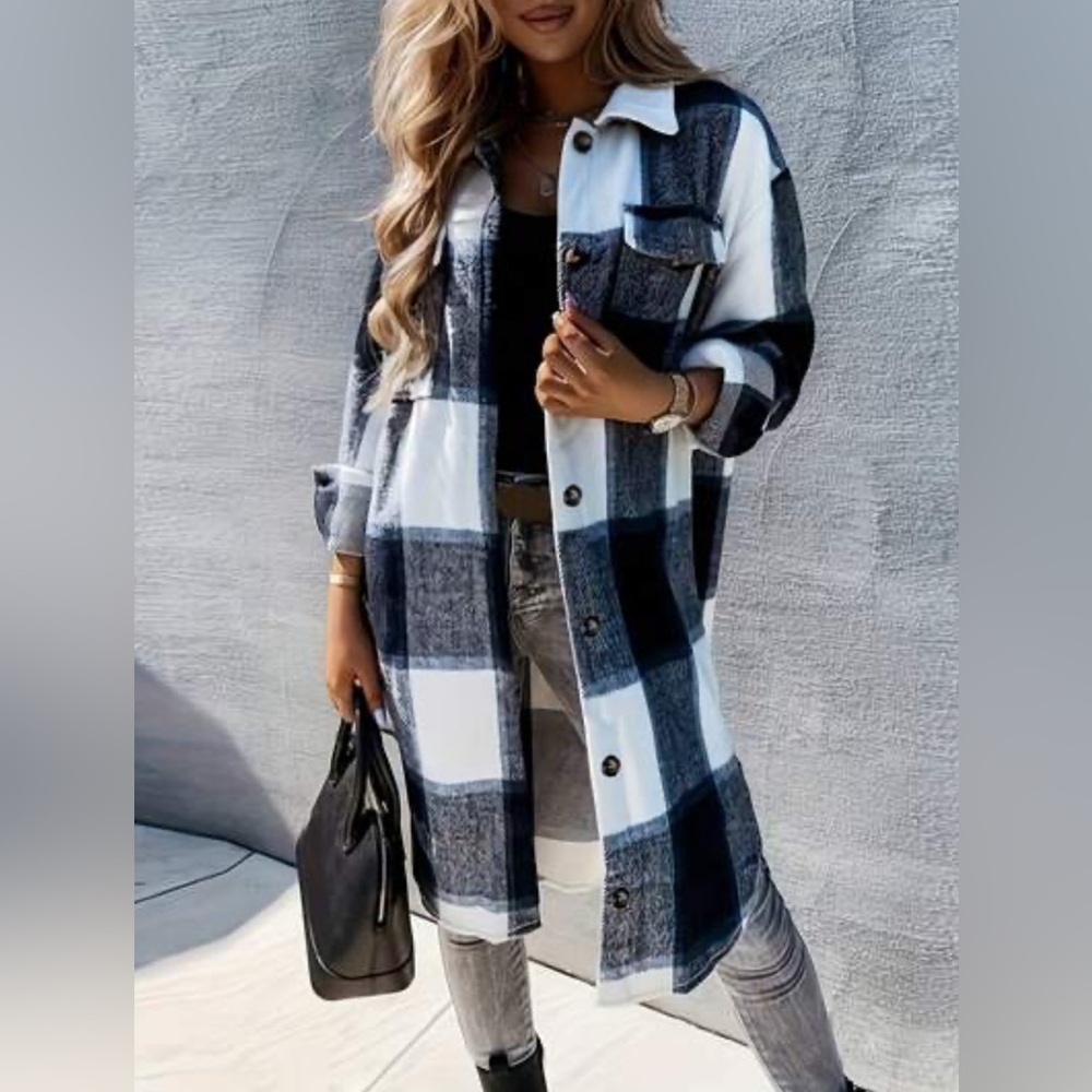 Flannel Plaid Shacket Buttondown Dress Long Coat Navy White‎ Tartan Medium